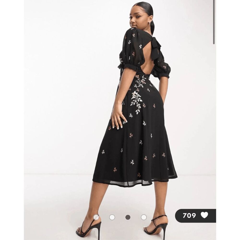 Maya Deluxe $226 Embroidered V Neck Midi Dress Floral Black Womens 4 NEW